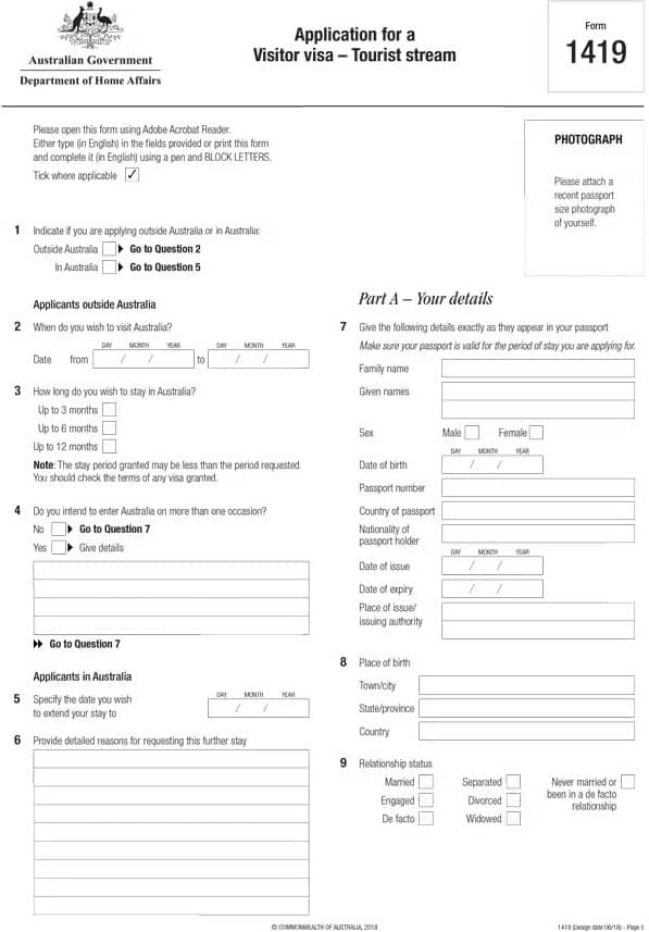 Hướng dẫn điền mẫu đơn xin visa du lịch úc – Form 1419 mới nhất